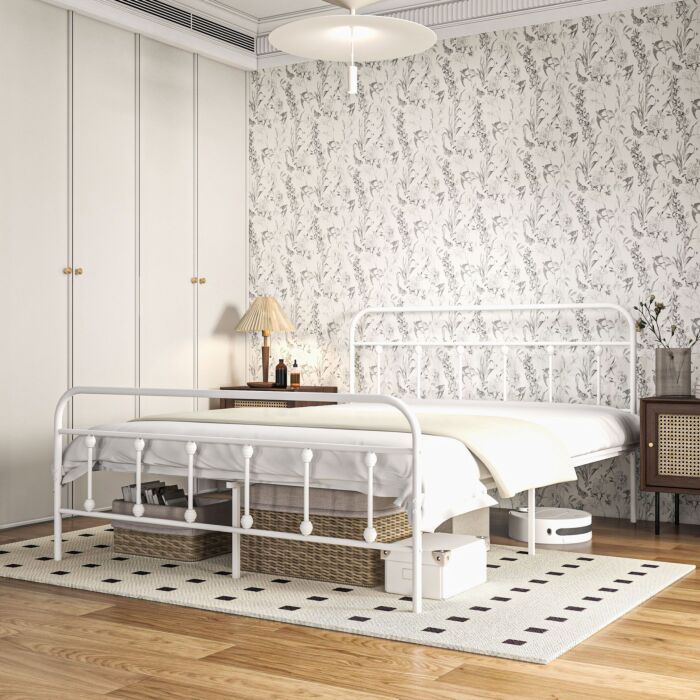 Homcom 4ft Double Platform Bed Frame With Underbed Storage Tall Headboard Steel Slat No Box Spring Needed Easy Assembly White