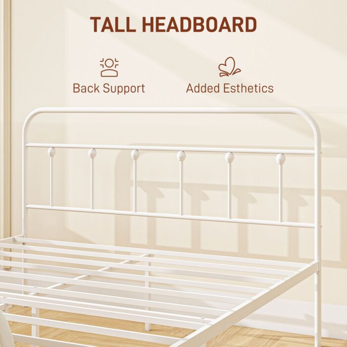 Homcom 4ft Double Platform Bed Frame With Underbed Storage Tall Headboard Steel Slat No Box Spring Needed Easy Assembly White