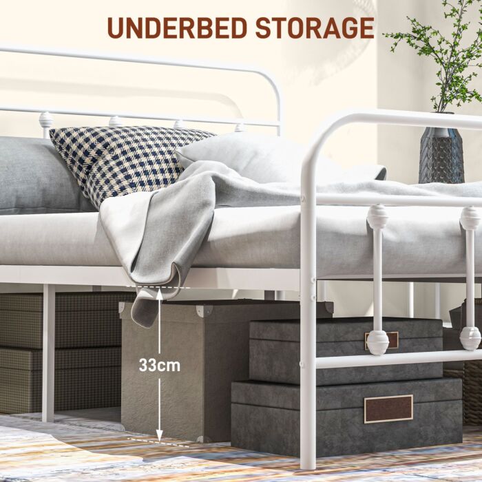 Homcom 4ft Double Platform Bed Frame With Underbed Storage Tall Headboard Steel Slat No Box Spring Needed Easy Assembly White