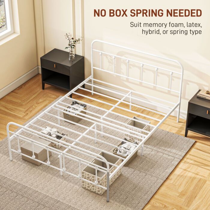 Homcom 4ft Double Platform Bed Frame With Underbed Storage Tall Headboard Steel Slat No Box Spring Needed Easy Assembly White