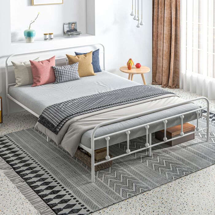 Homcom 4ft Double Platform Bed Frame With Underbed Storage Tall Headboard Steel Slat No Box Spring Needed Easy Assembly White