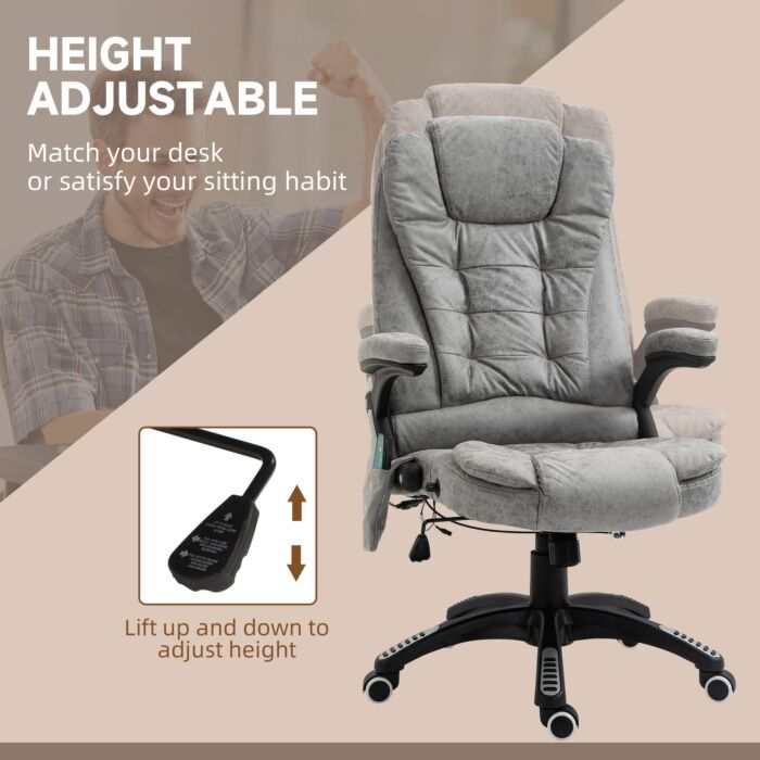 Vinsetto Massage Recliner Chair Heated Office Chair With Six Massage Points Microfiber Cloth 360° Swivel Wheels Grey