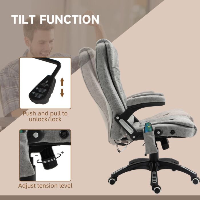 Vinsetto Massage Recliner Chair Heated Office Chair With Six Massage Points Microfiber Cloth 360° Swivel Wheels Grey