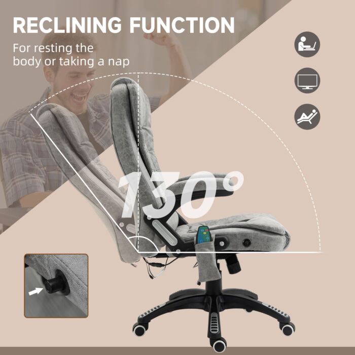 Vinsetto Massage Recliner Chair Heated Office Chair With Six Massage Points Microfiber Cloth 360° Swivel Wheels Grey