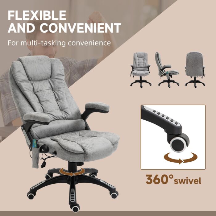 Vinsetto Massage Recliner Chair Heated Office Chair With Six Massage Points Microfiber Cloth 360° Swivel Wheels Grey