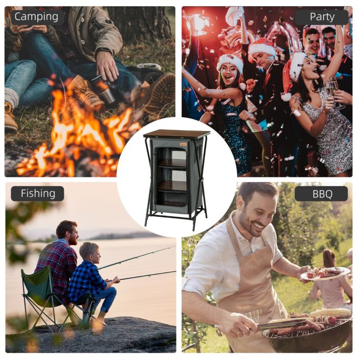 Outsunny Camping Cupboard, Aluminium Foldable Kitchen Station Cook Table W/ Storage Shelves And Carrying Bag For Bbq Party Picnic Backyard