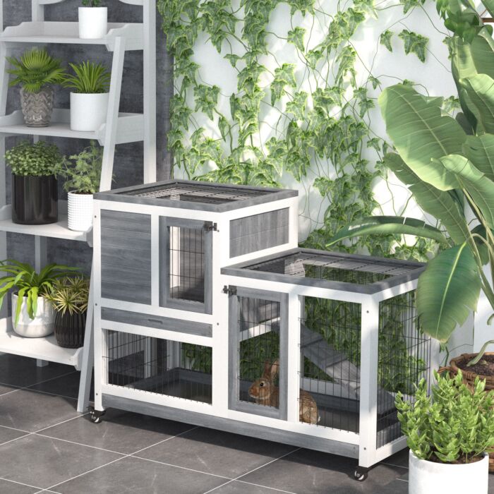 Pawhut Indoor Wooden Rabbit Hutch Guinea Pigs House Bunny Small Animal Cage W/ Wheels Enclosed Run 110 X 50 X 86 Cm