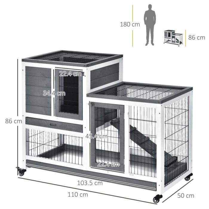 Pawhut Indoor Wooden Rabbit Hutch Guinea Pigs House Bunny Small Animal Cage W/ Wheels Enclosed Run 110 X 50 X 86 Cm