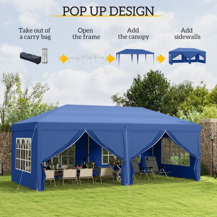 Outsunny 3 X 6m Garden Heavy Duty Water Resistant Pop Up Gazebo Marquee Party Tent Wedding Canopy Awning-blue