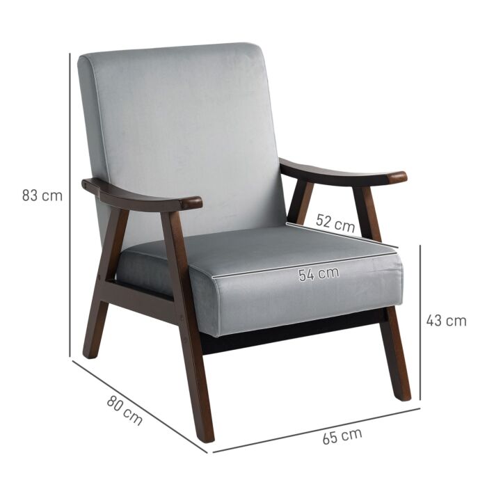 Homcom Nordic Accent Chair, Upholstered Velvet Armchair With Solid Wood Frame And Soft Thick Padded For Living Room, Bedroom, Grey