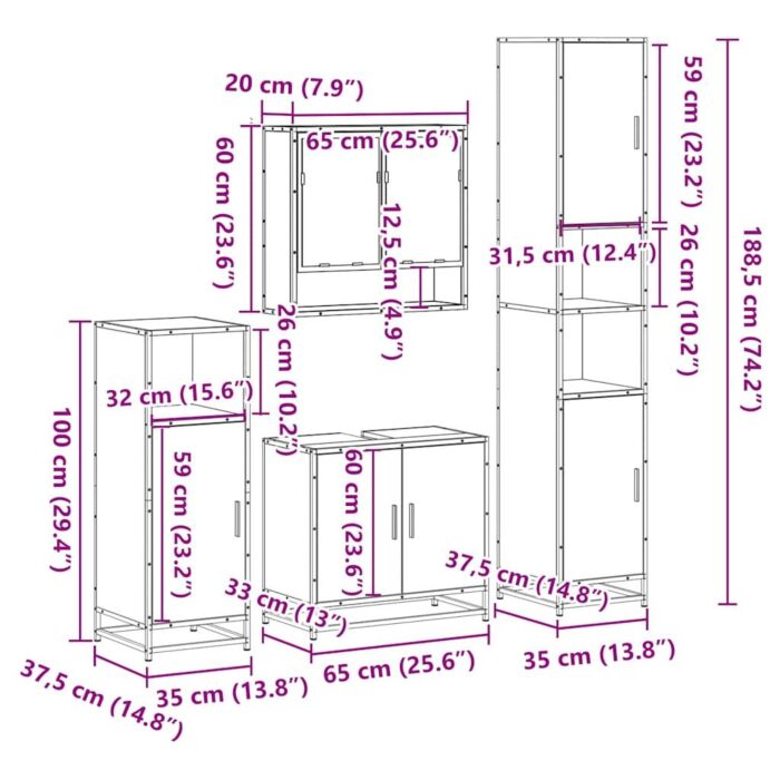 Vidaxl 4 Piece Bathroom Furniture Set Grey Sonoma Engineered Wood
