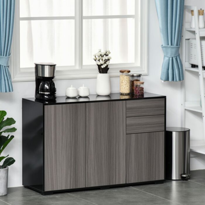 Homcom High Gloss Sideboard, Side Cabinet, Push-open Design With 2 Drawer, Light Grey And Black