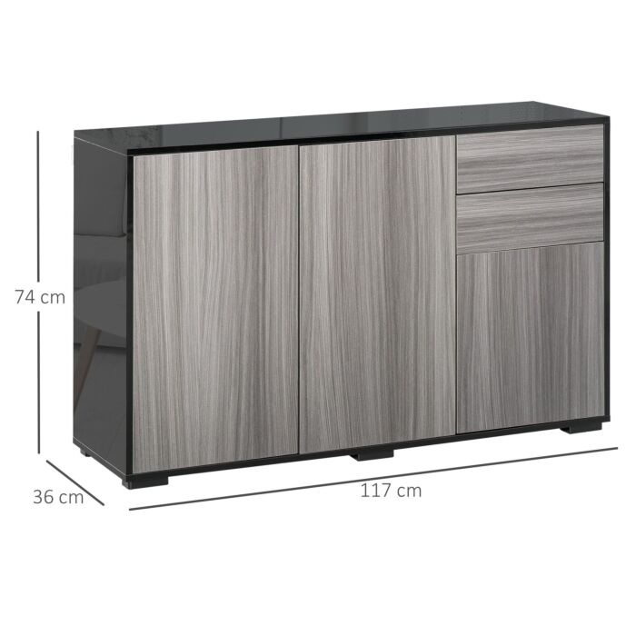 Homcom High Gloss Sideboard, Side Cabinet, Push-open Design With 2 Drawer, Light Grey And Black