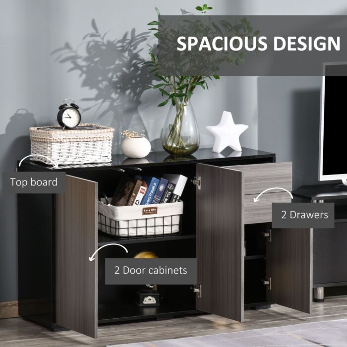 Homcom High Gloss Sideboard, Side Cabinet, Push-open Design With 2 Drawer, Light Grey And Black