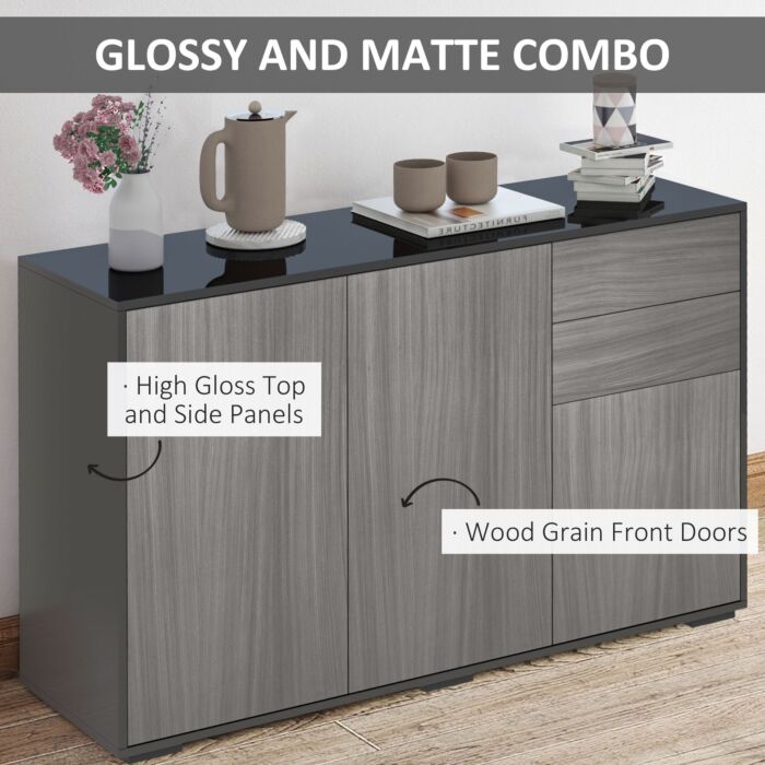 Homcom High Gloss Sideboard, Side Cabinet, Push-open Design With 2 Drawer, Light Grey And Black