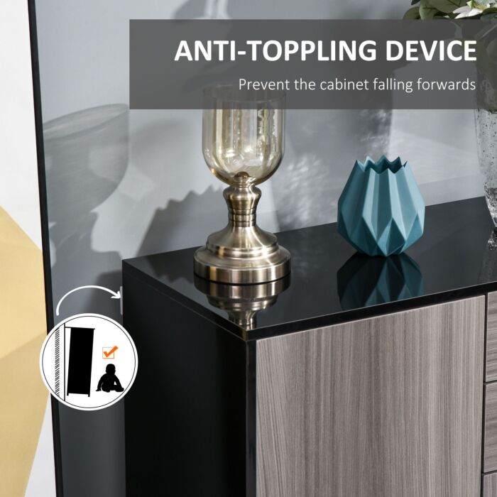 Homcom High Gloss Sideboard, Side Cabinet, Push-open Design With 2 Drawer, Light Grey And Black