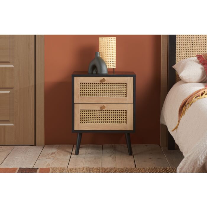 Croxley 2 Drawer Rattan Bedside Black