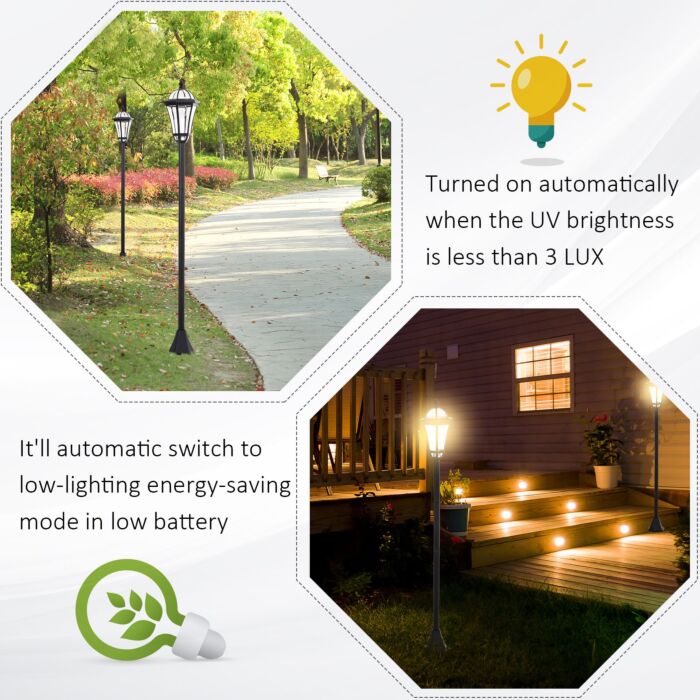 Outsunny 2 Pcs Led Garden Lights Lamp Post Solar Powered Lantern Patio Pathway Walkway Outdoor Water-resist Auto Switch 6-8 Hours Black