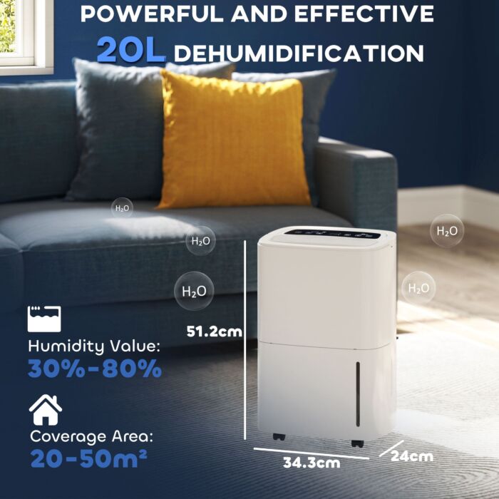 Homcom 20l/day Dehumidifier With Continuous Drainage, 5l Water Tank, 24h Timer, Digital Humidity Display, Humidity Light, Dehumidifier For Home Damp, Bedroom, Condensation, Mould, Laundry Drying
