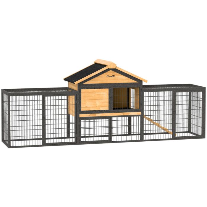 Pawhut Wooden Rabbit Hutch Outdoor With Steel Run, Wooden Guinea Pig Cage With Removable Plastic Tray, Asphalt Roof, Ramp