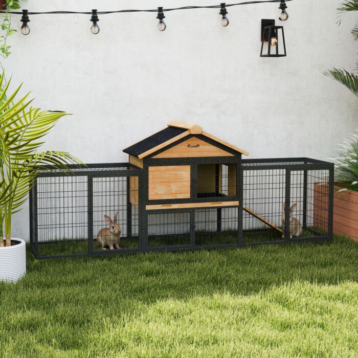 Pawhut Wooden Rabbit Hutch Outdoor With Steel Run, Wooden Guinea Pig Cage With Removable Plastic Tray, Asphalt Roof, Ramp
