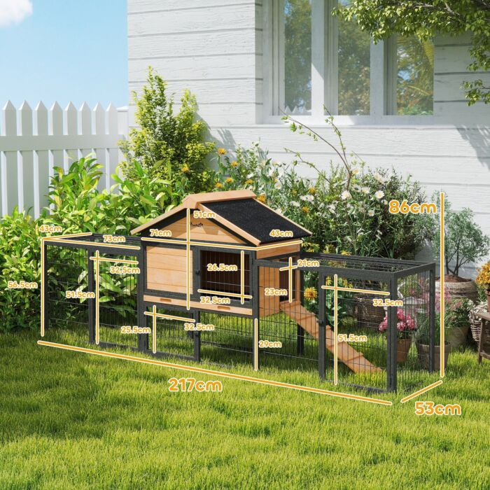 Pawhut Wooden Rabbit Hutch Outdoor With Steel Run, Wooden Guinea Pig Cage With Removable Plastic Tray, Asphalt Roof, Ramp