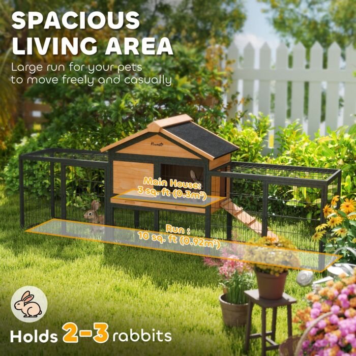 Pawhut Wooden Rabbit Hutch Outdoor With Steel Run, Wooden Guinea Pig Cage With Removable Plastic Tray, Asphalt Roof, Ramp