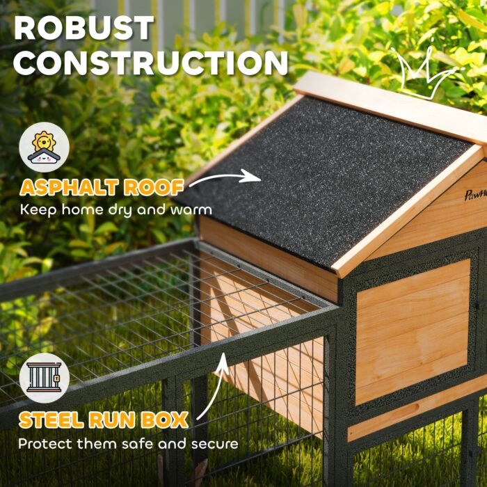 Pawhut Wooden Rabbit Hutch Outdoor With Steel Run, Wooden Guinea Pig Cage With Removable Plastic Tray, Asphalt Roof, Ramp