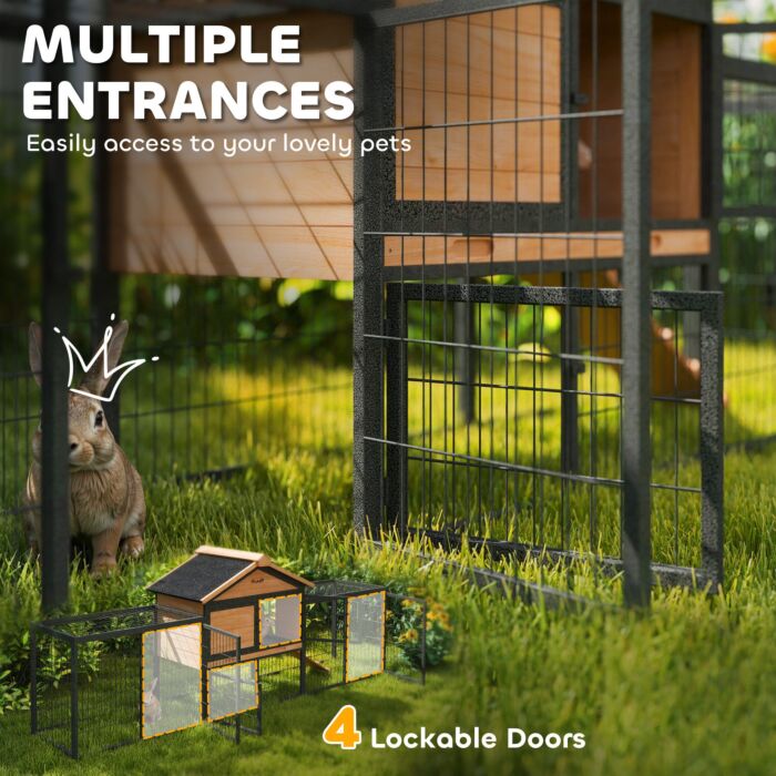 Pawhut Wooden Rabbit Hutch Outdoor With Steel Run, Wooden Guinea Pig Cage With Removable Plastic Tray, Asphalt Roof, Ramp