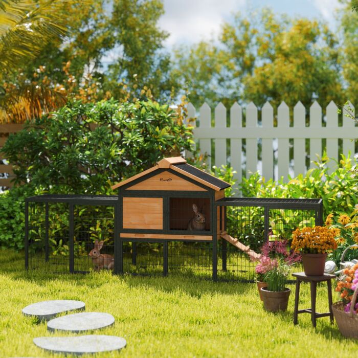 Pawhut Wooden Rabbit Hutch Outdoor With Steel Run, Wooden Guinea Pig Cage With Removable Plastic Tray, Asphalt Roof, Ramp