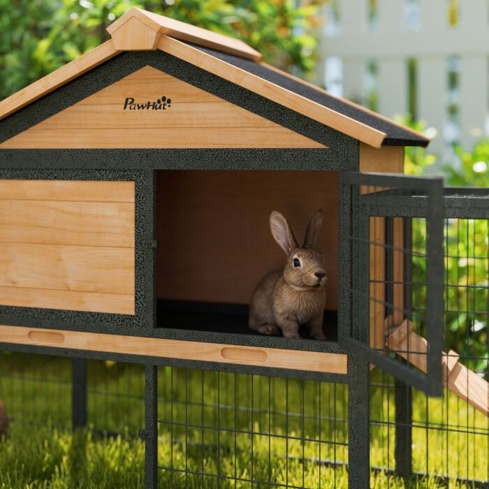 Pawhut Wooden Rabbit Hutch Outdoor With Steel Run, Wooden Guinea Pig Cage With Removable Plastic Tray, Asphalt Roof, Ramp
