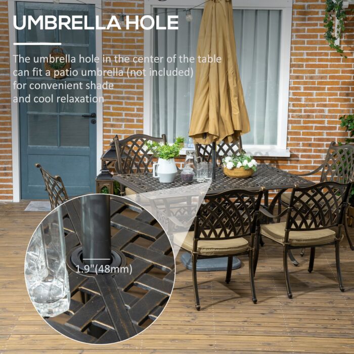 Outsunny 6-seater Patio Dining Set With Umbrella Hole, Cast Aluminum Patio Furniture Set With Six Cushioned Chairs And Rectangle Dining Table, Bronze