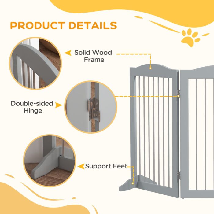 Pawhut Foldable Dog Gate, Freestanding Pet Gate, With Two Support Feet, For Staircases, Hallways, Doorways - Grey