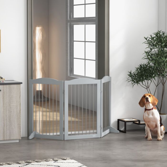 Pawhut Foldable Dog Gate, Freestanding Pet Gate, With Two Support Feet, For Staircases, Hallways, Doorways - Grey