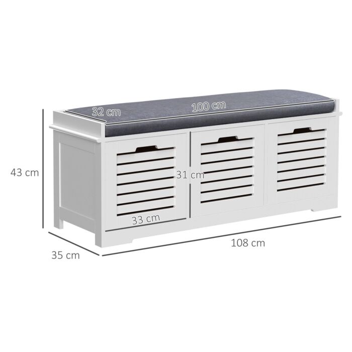 Homcom White Storage Bench With 3 Drawers & Removable Grey Seat Cushion Hallway Organisation Furniture