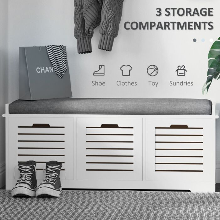 Homcom White Storage Bench With 3 Drawers & Removable Grey Seat Cushion Hallway Organisation Furniture