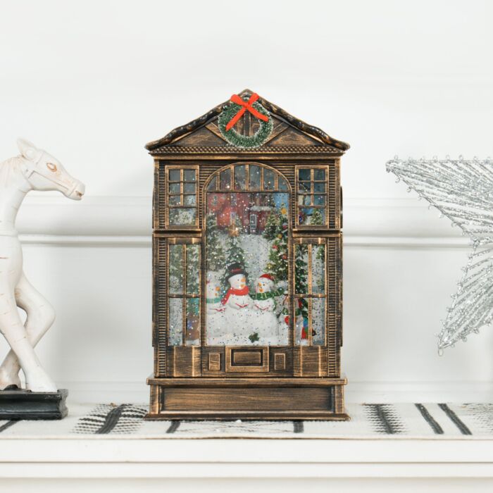 Homcom Christmas Snow Globe Lantern With Lights, Musical Snow Globe With Swirling Glitter, Battery Operated Musical Christmas Decoration For Holiday Party Gift, Bronze Tone