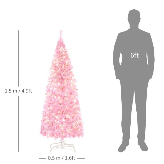 Homcom 5' Tall Prelit Pencil Slim Artificial Christmas Tree With Realistic Branches, 250 Warm White Led Lights And 408 Tips, Xmas Decoration, Pink
