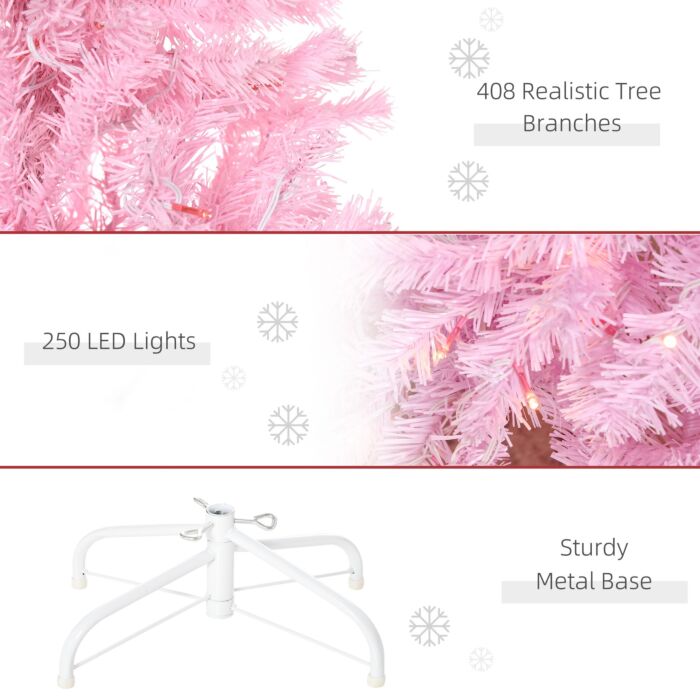 Homcom 5' Tall Prelit Pencil Slim Artificial Christmas Tree With Realistic Branches, 250 Warm White Led Lights And 408 Tips, Xmas Decoration, Pink