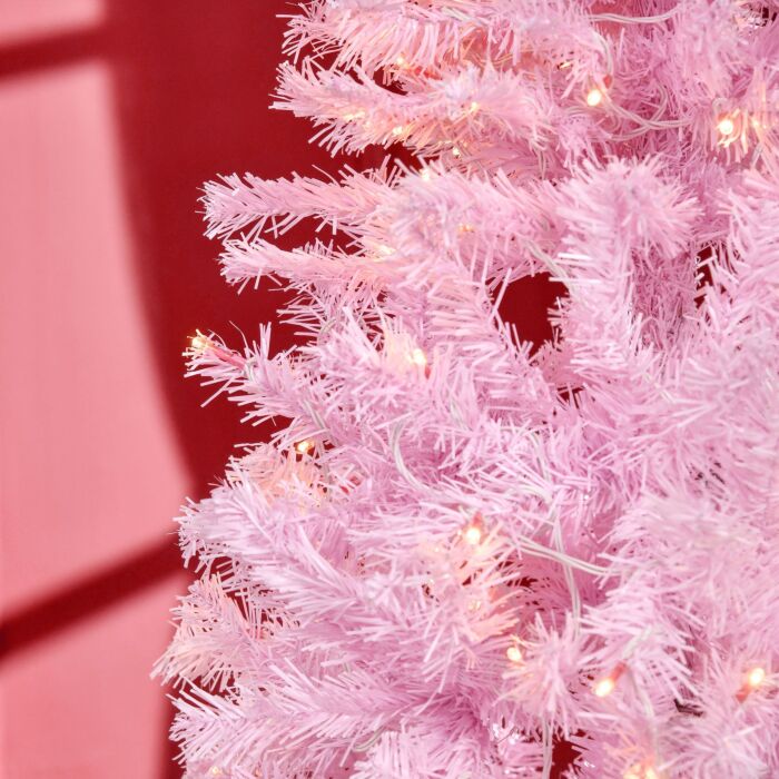 Homcom 5' Tall Prelit Pencil Slim Artificial Christmas Tree With Realistic Branches, 250 Warm White Led Lights And 408 Tips, Xmas Decoration, Pink