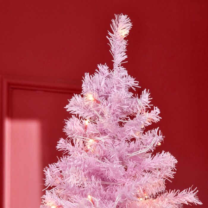 Homcom 5' Tall Prelit Pencil Slim Artificial Christmas Tree With Realistic Branches, 250 Warm White Led Lights And 408 Tips, Xmas Decoration, Pink