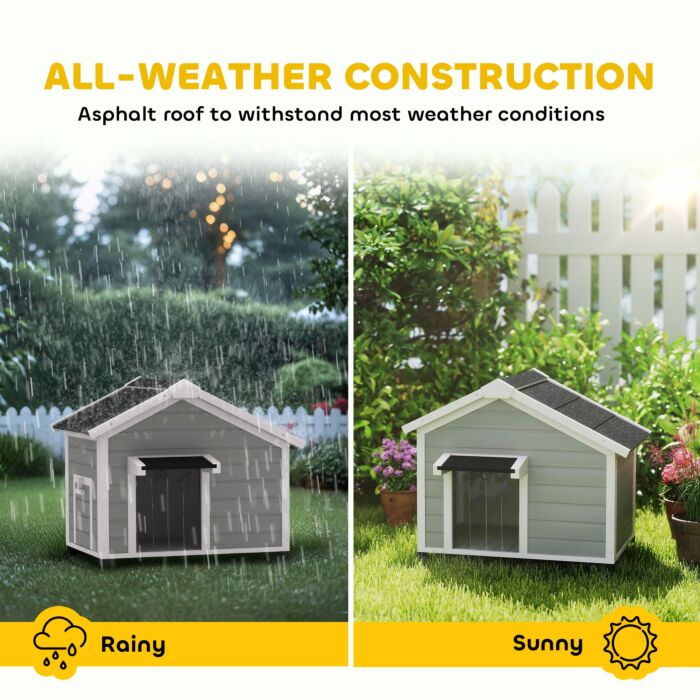 Pawhut Wooden Dog House Outdoor With Openable Roof, Removable Floor, Curtain, Elevated Feet, For Medium Dogs, Light Grey