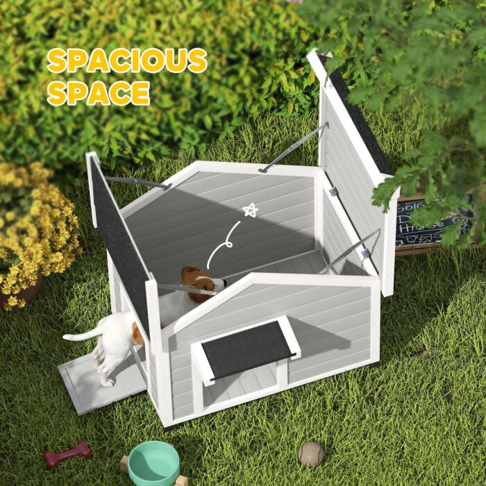 Pawhut Wooden Dog House Outdoor With Openable Roof, Removable Floor, Curtain, Elevated Feet, For Medium Dogs, Light Grey
