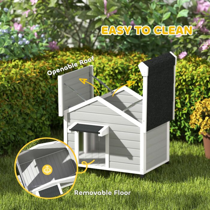 Pawhut Wooden Dog House Outdoor With Openable Roof, Removable Floor, Curtain, Elevated Feet, For Medium Dogs, Light Grey