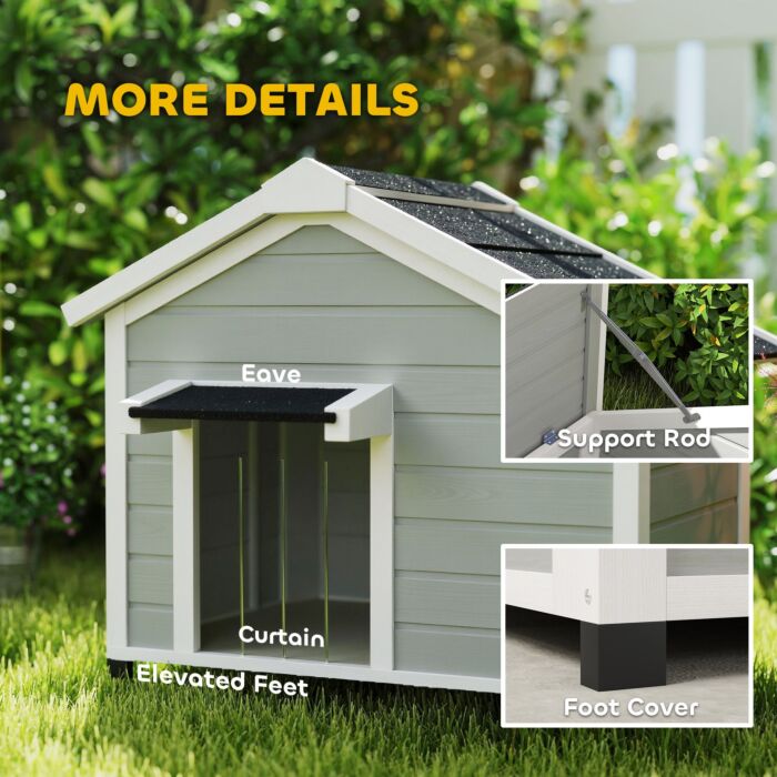 Pawhut Wooden Dog House Outdoor With Openable Roof, Removable Floor, Curtain, Elevated Feet, For Medium Dogs, Light Grey