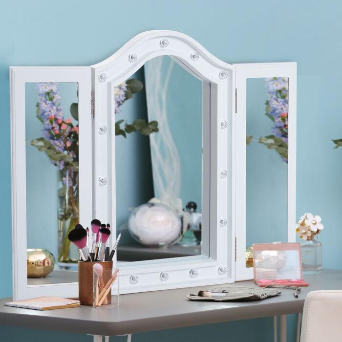 Homcom Trifold Freestanding Mirror, Lighted Tabletop Vanity Mirror Large Cosmetic W/16 Led Lights Powered By Batteries Foldable For Bedroom- White