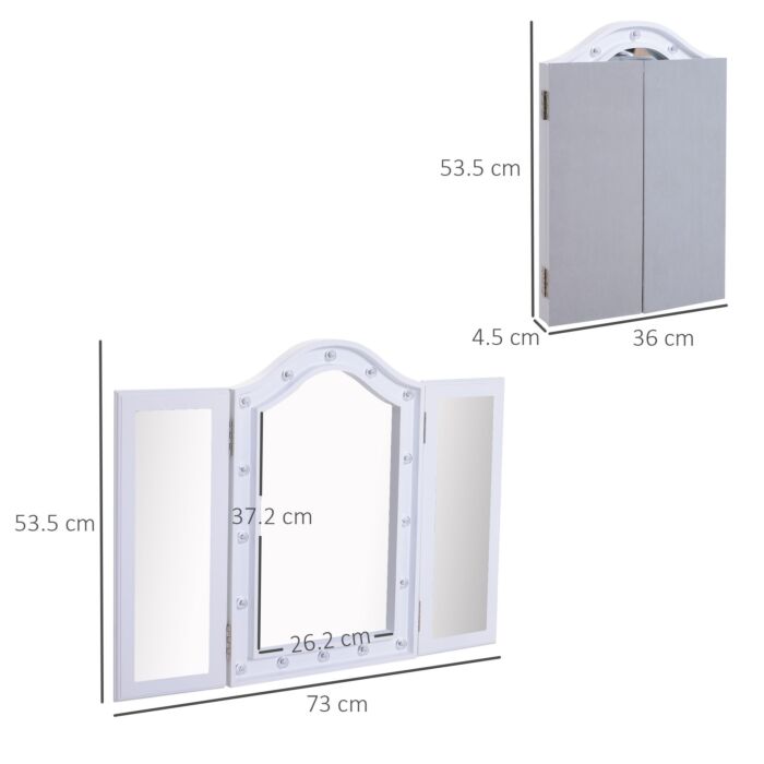 Homcom Trifold Freestanding Mirror, Lighted Tabletop Vanity Mirror Large Cosmetic W/16 Led Lights Powered By Batteries Foldable For Bedroom- White