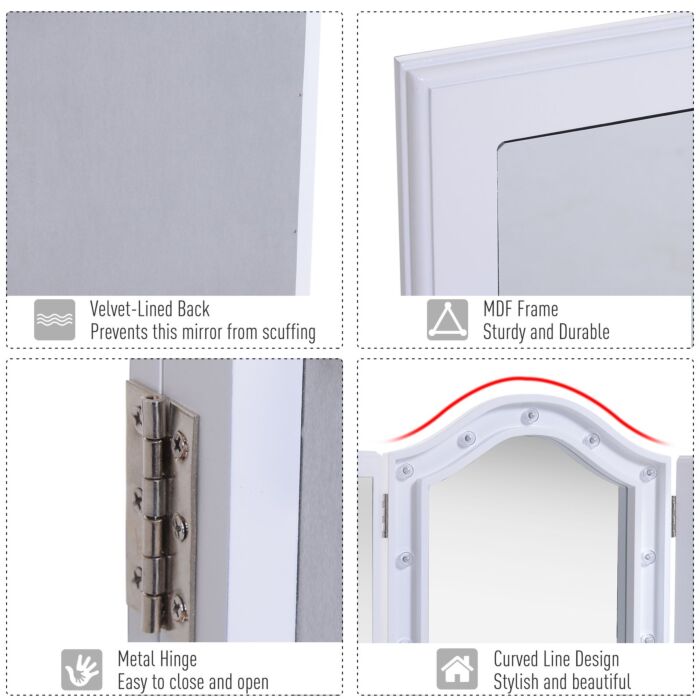 Homcom Trifold Freestanding Mirror, Lighted Tabletop Vanity Mirror Large Cosmetic W/16 Led Lights Powered By Batteries Foldable For Bedroom- White