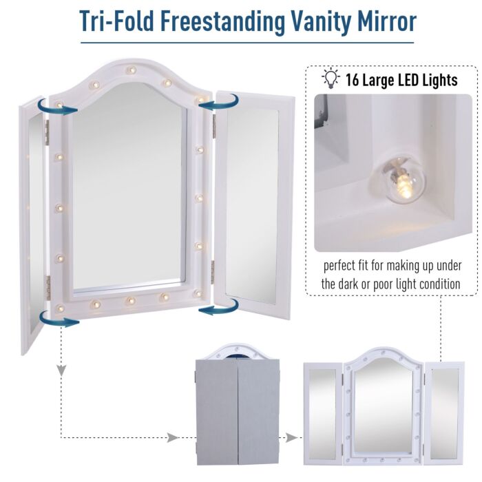 Homcom Trifold Freestanding Mirror, Lighted Tabletop Vanity Mirror Large Cosmetic W/16 Led Lights Powered By Batteries Foldable For Bedroom- White