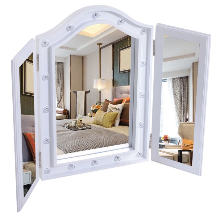 Homcom Trifold Freestanding Mirror, Lighted Tabletop Vanity Mirror Large Cosmetic W/16 Led Lights Powered By Batteries Foldable For Bedroom- White